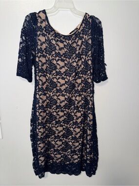 Navy Lace Overlay Dress with Nude Lining